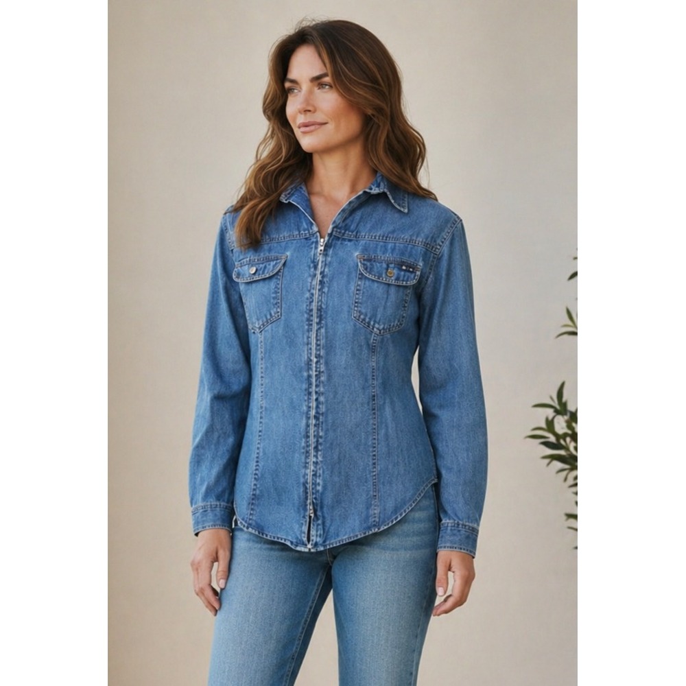 Y2K Zip Front Denim Shirt Jacket Fitted Medium Wash Casual Minimalist Size L